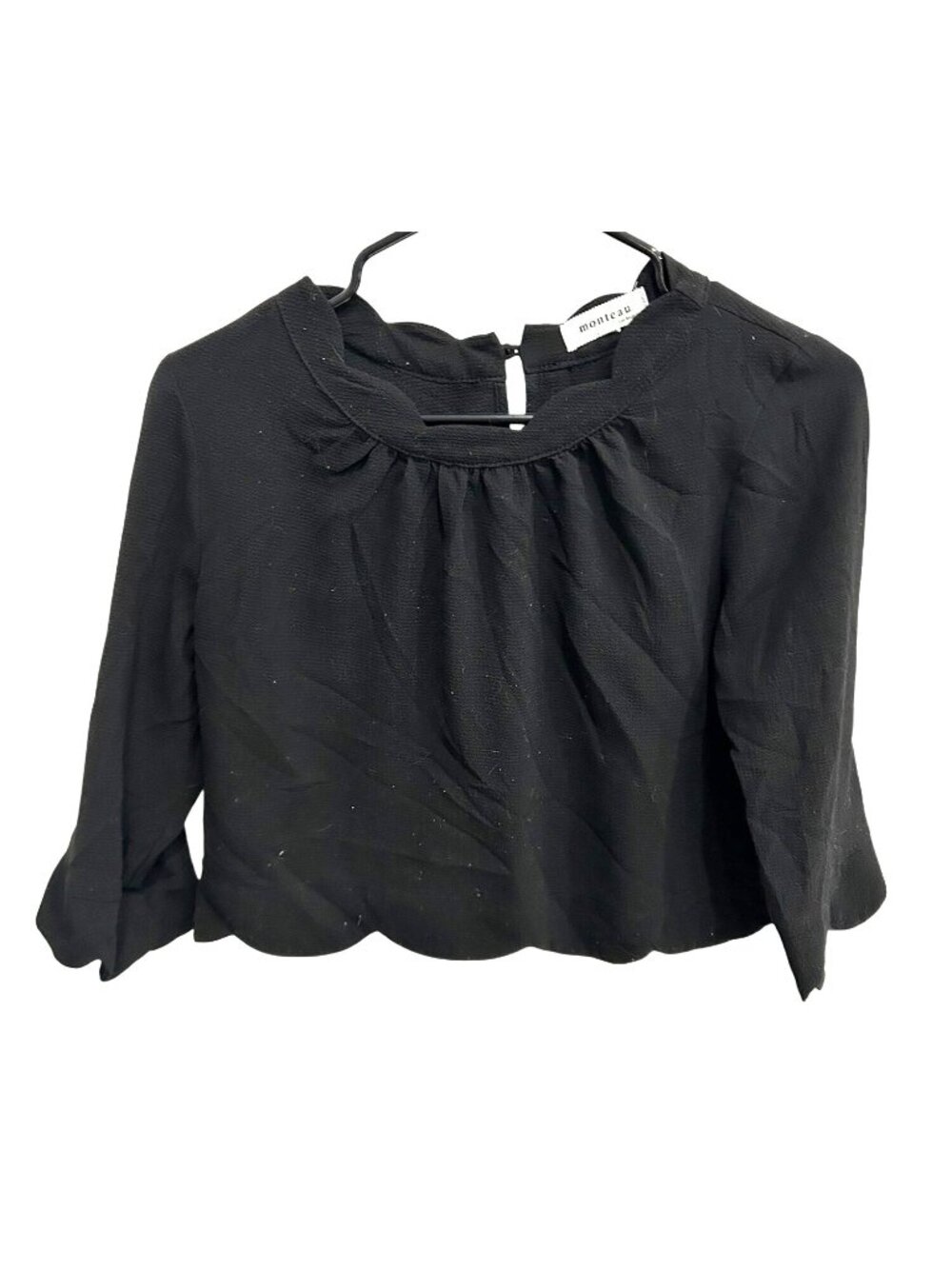 Black Scalloped Hem Blouse Monteau  3/4 Sleeves Keyhole Back Closure Size S